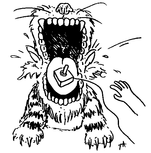 A picture of a simple joystick in the wide open mouth of a tiger, with someone reaching to touch it.