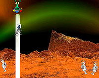 Cartoon UFO abducting a spaceman, on a lunar sending.