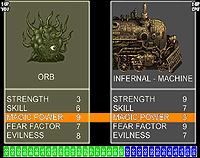 Fantasy Trumps game. Orb alien creature on the left with five stats, vs the Infernal Machine train on the right also with stats listed below.