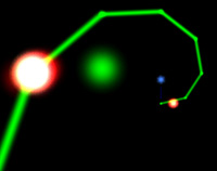 A neon angular spiral with a glowing spark on it.