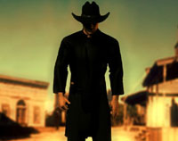 Gunslinger in black squares up towards you in a wild west town.