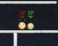 Two cute alien ball like creatures labelled 1P in red and 2P in green look left on a grey platform.
