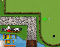 Mini Golf overhead view. Cobbled path leading to drawbridge. Grass and hole.