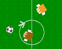 Overhead football game. Black and white football, arrow pointing between two players.