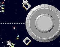 Big metallic disc in space with four tiny colourful space jets racing around it.