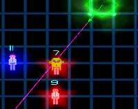 Neon grid. Green compass effect weapon aiming towards a violent alien next to two humans.
