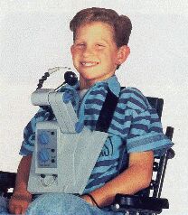 The unit was strapped to the gamers chest, with control via a chin mounted joystick and a sip/puff switch.