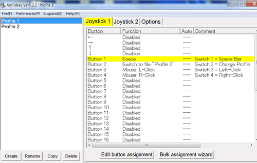 JoyToKey Screen Shot of four buttons set-up to act as Space Bar, Change Profile, Left-click and Right-click.