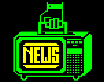 Green portable TV with the word NEWS on the screen, being lifted by a green hand all in chunky Teletext graphics.
